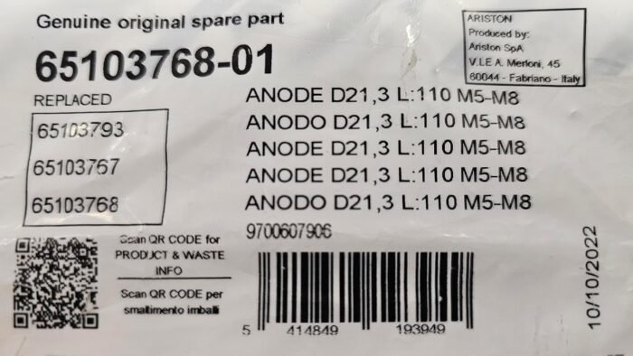 Анод магнієвий для бойлера Ariston M5-M8 D:21,3 / L:110 - 65103768-01 - Зображення 6
